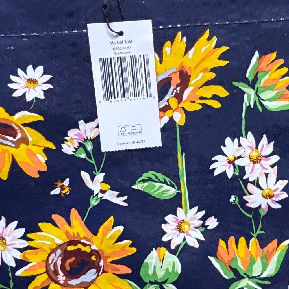 Vera Bradley Market Tote Sunflowers Daisies Bees Navy Blue Reusable Large NWT